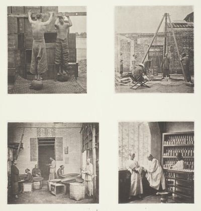 Enrollado de tés perfumados de alcaparra y pólvora; pesaje de té para exportación; una casa de té, Cantón; una sala de degustación de té, Cantón. de John Thomson
