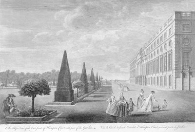 Una vista oblicua del frente este de Hampton Court con parte del jardín, c.1744 de John Tinney