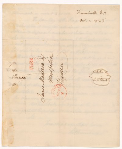 Carta de John Trumbull (1756-1843) al presidente Madison con fecha del 1 de octubre de 1823 de John Trumbull