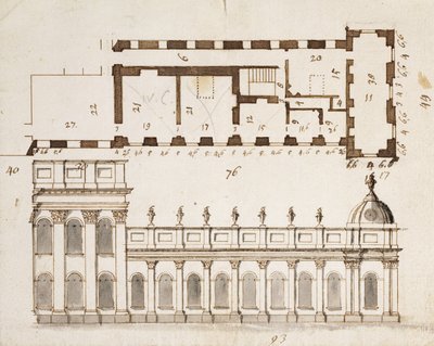 Castillo Howard, Yorkshire: Un diseño temprano para los tres tramos de la elevación del frente sur o jardín y alas laterales de un solo piso con un inserto del plano de planta, c.1699 de John Vanbrugh