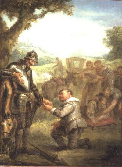 Don Quijote después del duelo con el valiente Vizcaíno, se apoya en su caballo Rocinante, mientras Sancho Panza pide el gobierno de la isla de Barataria, escena de 
