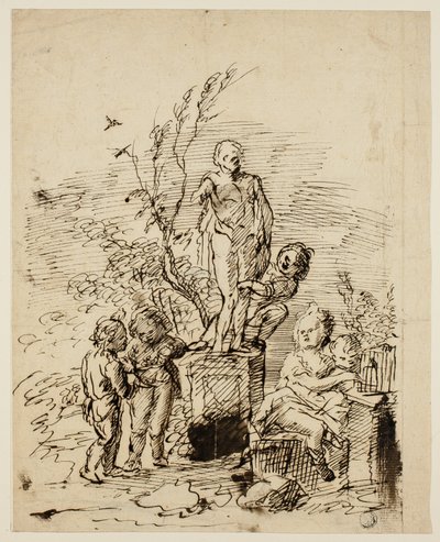 Niños jugando cerca de una estatua en el jardín de John Vanderbank