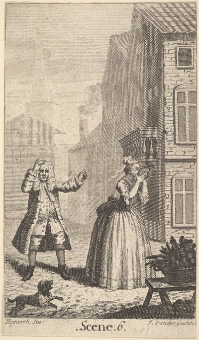Frontispicio de Sganarelle de Molière, ou le Cocu Imaginaire (El cornudo imaginario), ca. 1732 de John Vandergucht