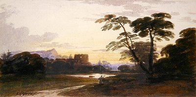 Una figura en un paisaje boscoso de John Varley