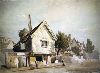 Una calle con casas antiguas, un molino de viento más allá de John Varley