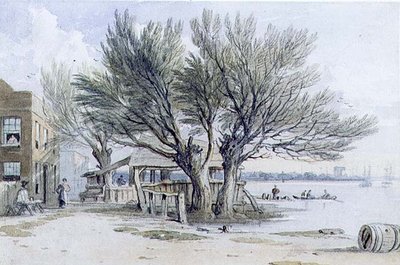 Edificios y árboles podados en las orillas del Támesis, Millbank de John Varley