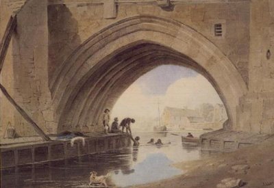 Niños nadando bajo el puente Ouse en York de John Varley