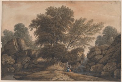 Figuras junto a una cascada y un estanque en un paisaje boscoso de John Varley