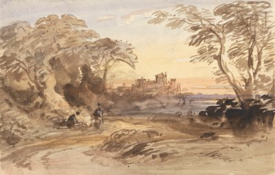 Paisaje con figuras y castillo lejano de John Varley