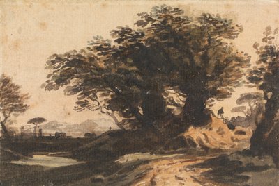 Paisaje con un grupo de árboles cerca de una carretera y un arroyo de John Varley