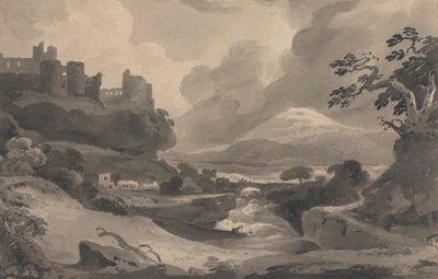 Paisaje montañoso con ruinas de un castillo sobre un acantilado de John Varley