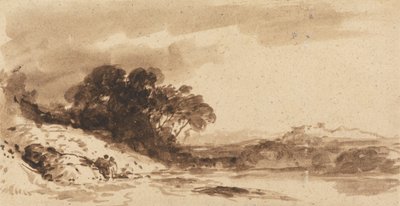 Paisaje fluvial con dos figuras, lago y montañas lejanas de John Varley