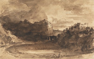 Paisaje romántico con acantilados y un castillo de John Varley