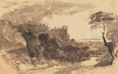 Paisaje romántico con un castillo y un árbol a la derecha de John Varley