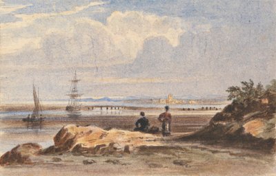 Orilla del mar con dos figuras y una ciudad lejana de John Varley