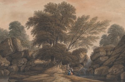 Figuras junto a una cascada y un estanque en un paisaje boscoso, 1812 de John Varley I