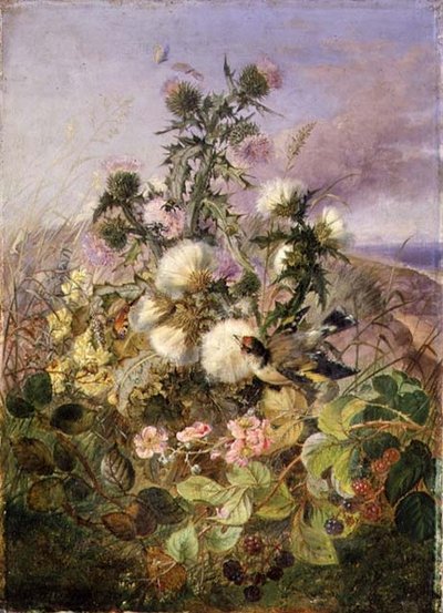 Un jilguero y una mariposa entre cardos y flores de zarzamora de John Wainwright