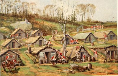 El campamento de la cabaña en la granja Dyckman, ilustración de Reliquias de la revolución; la historia del descubrimiento de los restos enterrados de la vida militar en fuertes y campamentos en la isla de Manhattan por Reginald Pelham de John Ward after Dunsmore