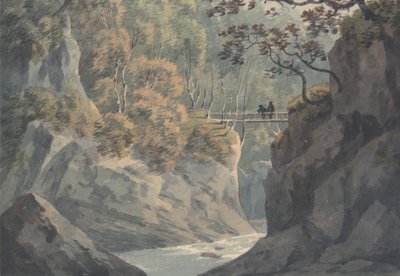 Puente alpino y paisaje boscoso cerca de Pistil y Maw de John Warwick Smith