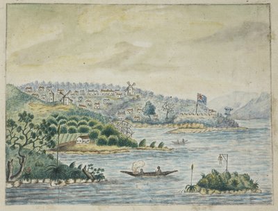 Agregar. 13880, f.79 Vista de una colonia británica. En primer plano, nativos en una canoa, de un diario que se lleva a bordo del transporte Minerva, de Irlanda a Nueva Gales del Sur y Bengala, por John Washington Price de John Washington Price