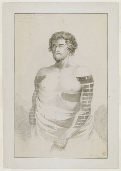 (Dibujo entero) Retrato de un Jefe de Borabora, [¿Puni?]; un hombre barbudo con los brazos fuertemente tatuados con parches rectangulares planos, y un gran parche en su lado izquierdo. Diciembre de 1777 de John Webber