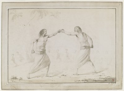 (Dibujo entero) Dos hombres boxeando, con espectadores sentados en semicírculo y palmeras esbozadas tenuemente al fondo. de John Webber