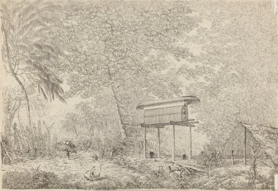 Toopapapoo de un jefe, con un sacerdote haciendo su ofrenda a los morai, en Huoheine. de John Webber
