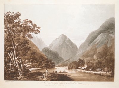 Una vista en la bahía de Oheitepeha, en la isla de Otaheite. Paisaje con dos figuras en una canoa en un tramo de agua rodeado de altas montañas, con árboles frondosos en las laderas más bajas a ambos lados, edificios con techo de paja en la orilla a la der de John Webber