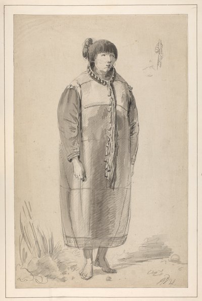 Dibujo titulado "Una hembra nativa de Norteamérica" en un cuaderno de bocetos de John Webber. de John Webber