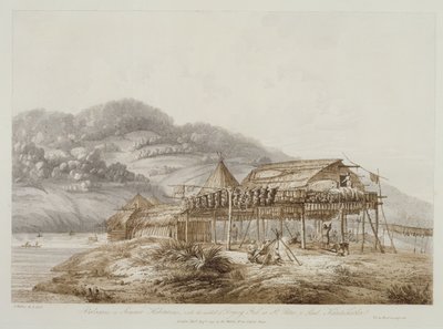 Balagans o habitáculos de verano, con el método de secado de pescado en San Pedro y Pablo, Kamtschatka, de 