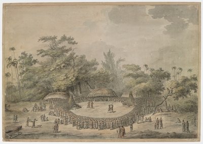 El capitán Cook sentado con los jefes, observando a dos parejas de combatientes; una pareja boxeando, la otra pareja luchando con palos, dentro de un gran círculo de espectadores. Algunos hombres de la compañía de Cook están a la izquierda, al margen de la de John Webber