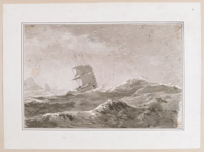 Dibujo de un navío europeo navegando con mar gruesa; probablemente no sea uno de los barcos de Cook. Realizado durante el tercer viaje del capitán Cook. de John Webber