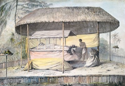 Funeral con difunto bajo dosel, Tahití, Islas de la Sociedad, acuarela de John Webber (1750-1793) de la descripción del último viaje del Capitán James Cook (1776-1779), Polinesia de John Webber