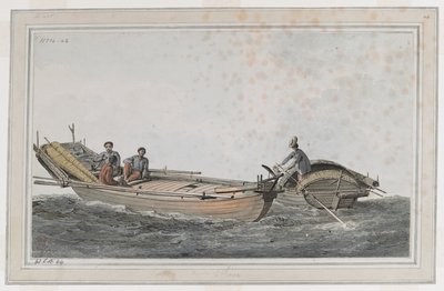 Dos botes pequeños, con tres figuras en uno y dos en el otro. de John Webber