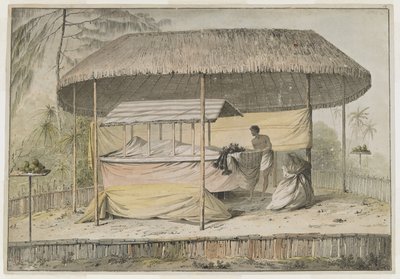 Waheiadooa, jefe de Oheitepeha, yaciendo en estado, grabado por el capitán Cook durante su visita a Tahití el 19 de agosto de 1777. Un escenario funerario sostiene el cadáver amortajado y un acompañante. Están protegidos por un toldo con techo de hierba y  de John Webber