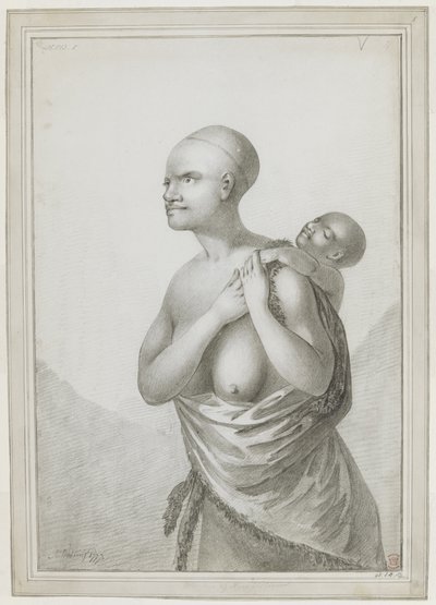 [Dibujo completo] Una mujer de Tasmania lleva un niño a la espalda, con una piel colgada del hombro izquierdo sobre la cintura. Enero de 1777 de John Webber