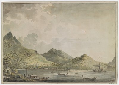 [Dibujo completo]. Vista del puerto de Huahine [Fare Harbour], con las montañas en pico, incluido el monte Turi, al fondo. En la bahía está el "Resolution" y muchas embarcaciones nativas, y en la orilla un grupo de nativos atienden una canoa doble con una  de John Webber