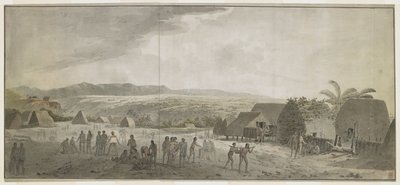 [Dibujo completo] Dibujo de la visita del capitán Cook al pueblo de Waimea, Atooi [Kauai], enero de 1778. Algunos hombres enrollan barriles, otros hacen trueques con los hawaianos. A la derecha, dos nativos llevan un cerdo ensartado en un palo. Detrás de e de John Webber
