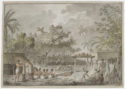 [Sacrificio humano en el gran morai de Attahouroo [Utuaimahurau], Tahití, presenciado por el capitán Cook el 1 de septiembre de 1777. Una figura atada en primer plano, con hombres cavando un hoyo para el cuerpo detrás, y la whatta conteniendo dos perros y  de John Webber