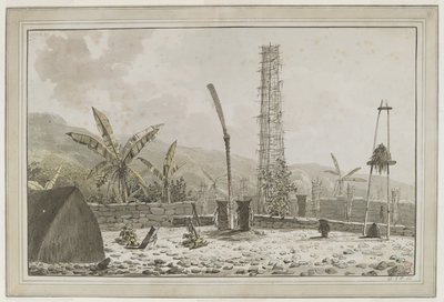 [Dibujo completo] Vista de un "morai" o lugar de enterramiento en Atooi [Kauai, islas Hawaii], que incluye una larga casa y una alta torre calada dentro de un recinto amurallado. Descrito en el diario del capitán Cook el 21 de enero de 1778 de John Webber