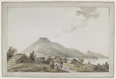 [Dibujo completo] Vista del Hippah, o pueblo fortificado, en la punta suroeste de Motuara en Queen Charlotte Sound. La vista mira hacia el norte, con Motuara al fondo. El dibujo puede deberse a la visita del capitán Cook el 15 de febrero de 1777. El Ma de John Webber