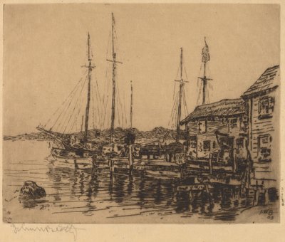 Barcos de pesca a lo largo del muelle, Noank, Conn. de John Wesley Beatty