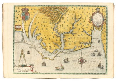Mapa de Virginia mostrando la llegada de la expedición de Sir Walter Raleigh en 1585, 1590 de John White