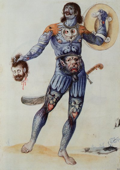 Hombre picta sosteniendo una cabeza humana de John White