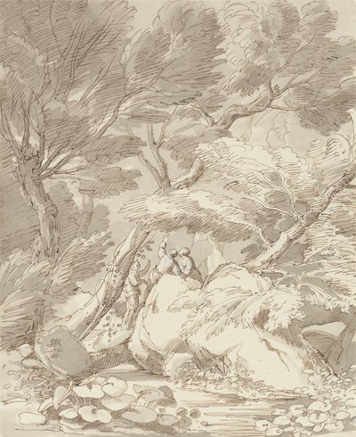Figuras en la orilla de un río rocoso en Canonteign, Devon de John White Abbott