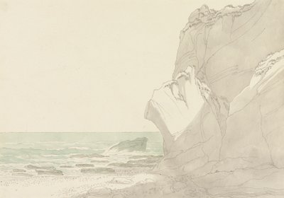 The Warren, cerca de Exmouth, Devon: acantilados escarpados a la derecha, mar y costa rocosa a la izquierda de John White Abbott