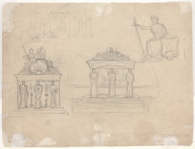 Estudios de fachadas de templos clásicos y figura femenina sentada [verso] de John William Casilear