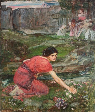 Un estudio: doncellas recogiendo flores junto a un arroyo, c. 1909-1914 de John William Waterhouse