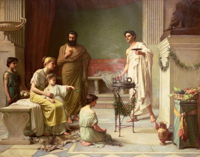La visita de un niño enfermo al templo de Esculapio, 1877 de John William Waterhouse