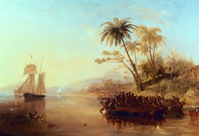 Un barco de reconocimiento británico en el Pacífico Sur recibido por isleños en canoas, c.1840 de John Wilson Carmichael